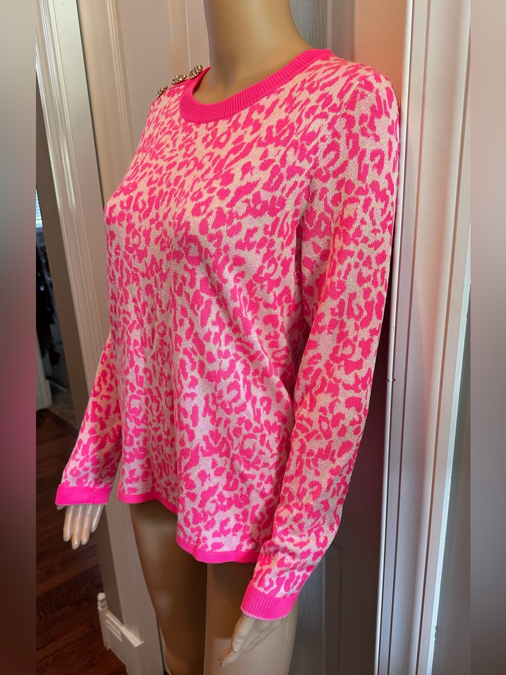 Lilly Pulitzer Hot Pink and Cream Leopard Print Crewneck Sweater - Picture 3 of 8